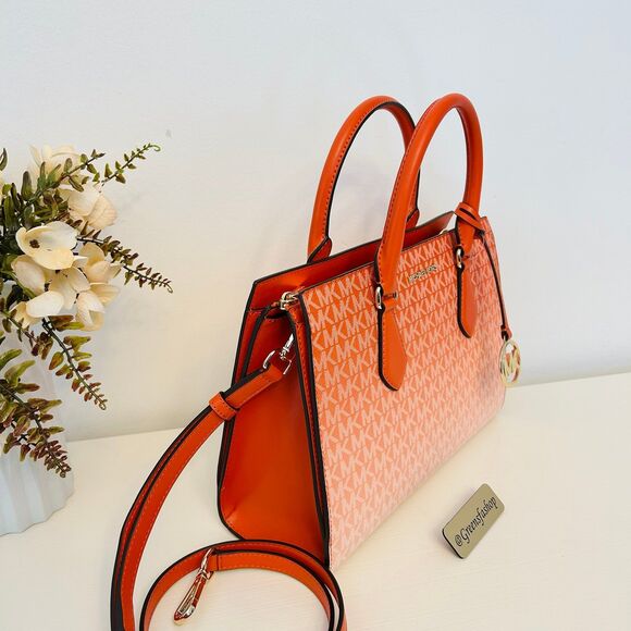 Michael Kors Purse Sheila Medium Ombré Signature Logo Satchel Red Clay - Picture 3 of 10